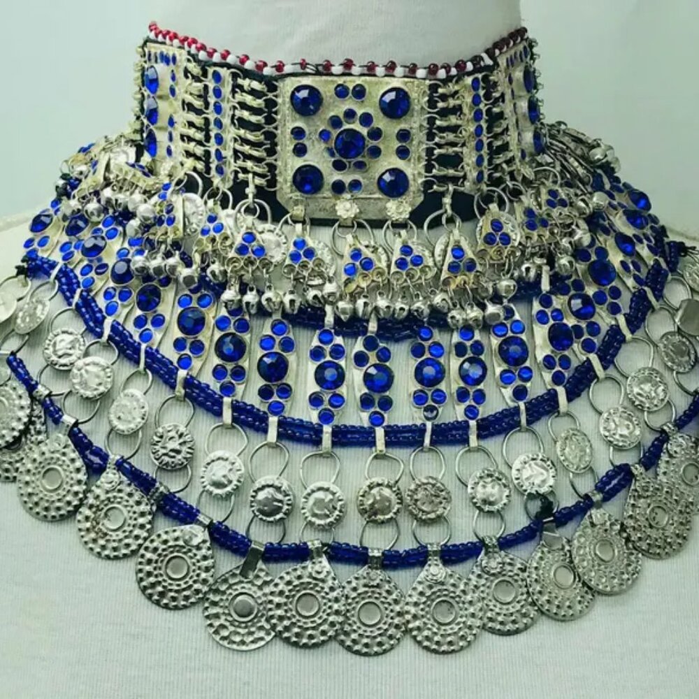 Handmade Kuchi Choker Necklace: Afghan Blue Glass Stone Tribal Jewelry